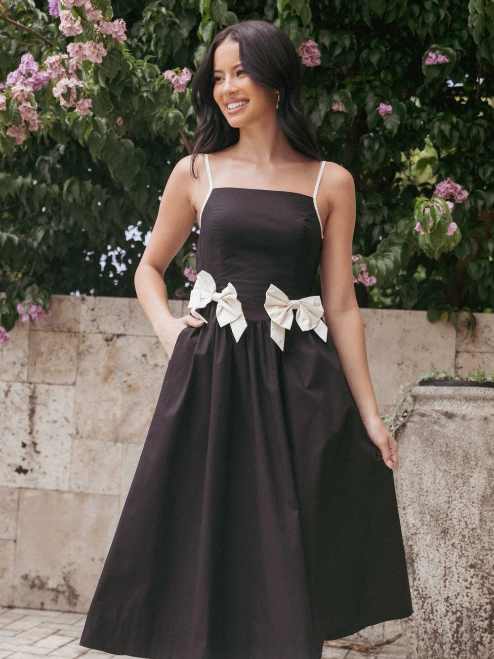 NWT: Petal & Pup Black Midi Dress with Cream Bow Trims- size Med